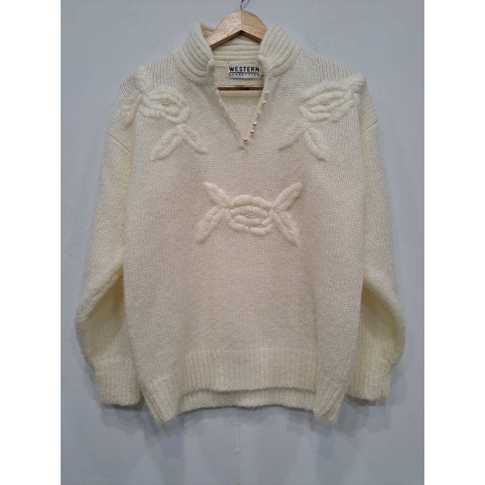 Western Connection Women's Vintage 80's Sweater Ivory Beading Floral Sz M Granny